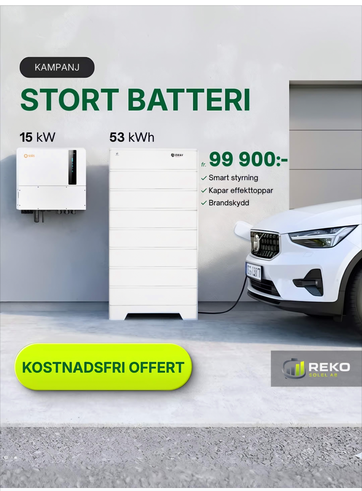 Reko Solel – Kampanj stort batteri 15 kW 53 kWh
